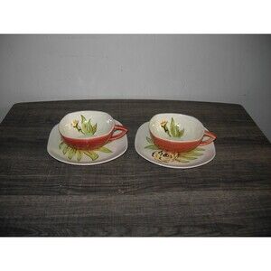 2 Vintage Red Wing Pottery Zinnia Cup & Saucers